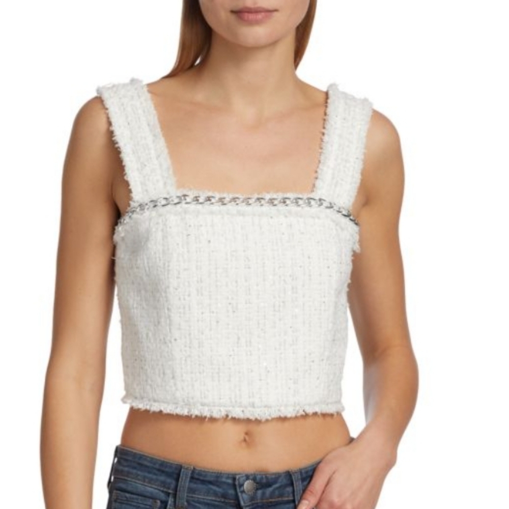 Alice and OliviaCoralie Chain Trimmed Tweed Crop Top